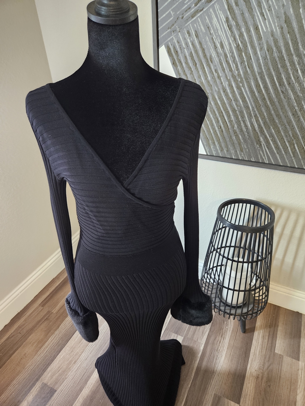 Black Ribbed Wrap Long-Sleeve Top with Faux Fur Cuffs